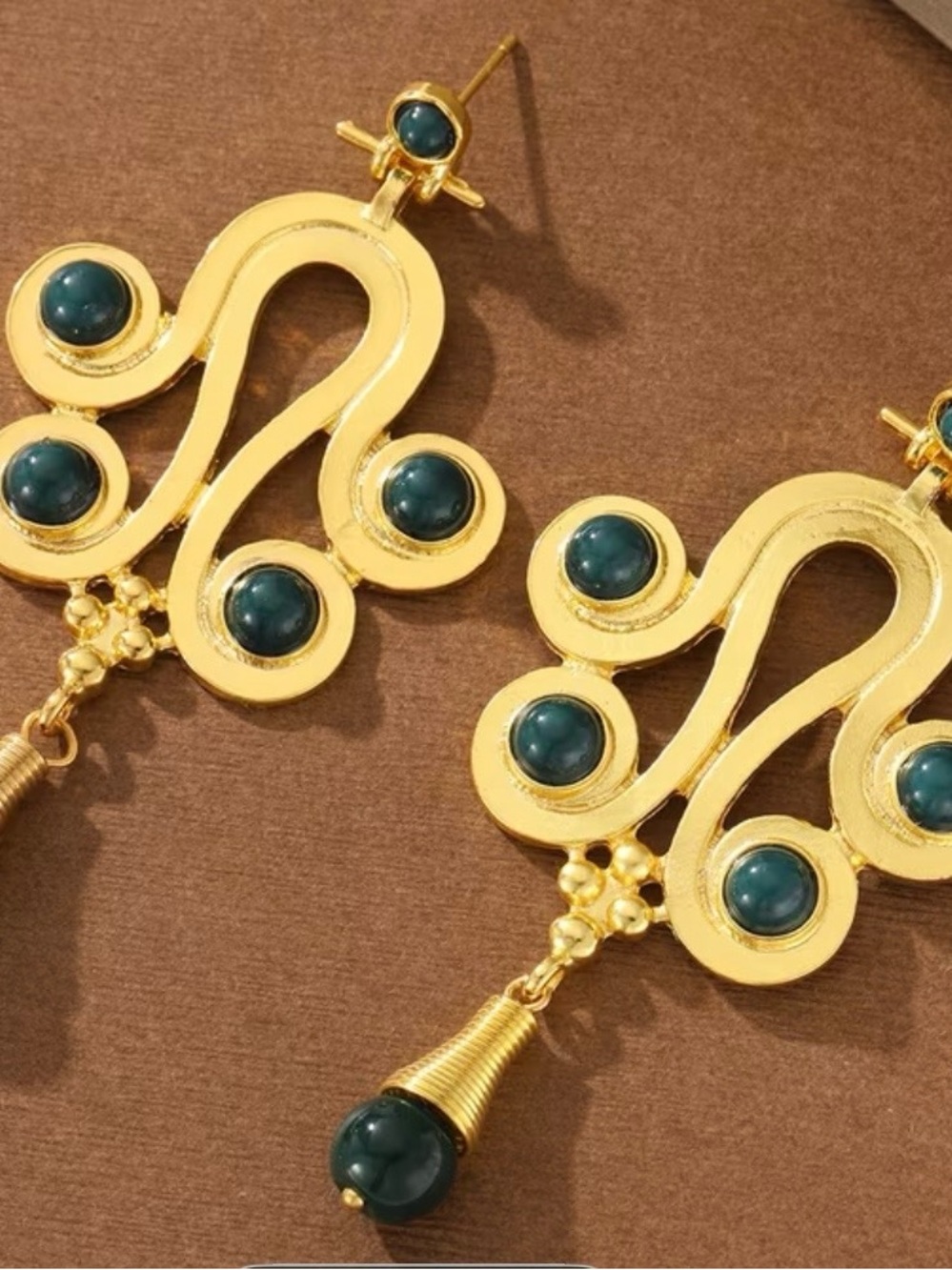 Gold Drop Earrings with Teal Stone Accents